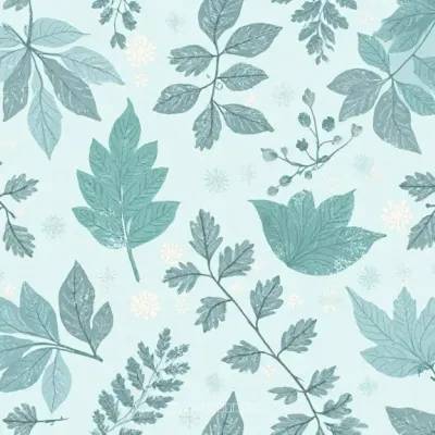 Leaves & Geometric Pattern: Hexagon, Snowflake Motif—Soft Teal Leaves Textile