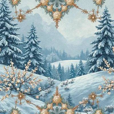 Geometric Floral Pattern: Snowflake, Hexagon & Floral Accents in Cool Tones