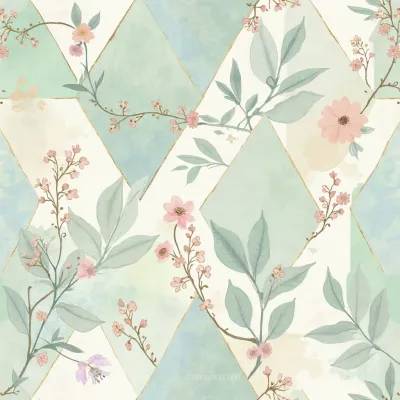 Geometric Textile Pattern with Floral Accents – Leaves & Floral Motif in Soft Reims