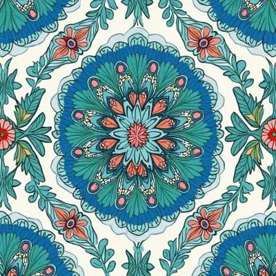 Mandala with Floral Accents Textile Pattern – Leaves & Bloom Motif in Soft Linen Colors