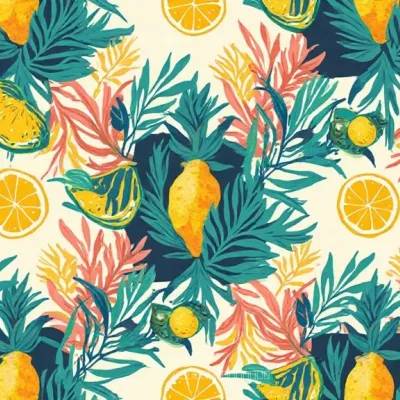 Tropical Geometric Textile Pattern – Citrus, Leaves & Lines