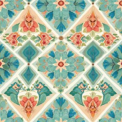 Geometric Floral Textile Pattern: Leaves and Mandala Motif in Soft Ivory Tones
