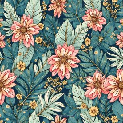 Geometric Floral Pattern: Leaves and Mandala Motif in Deep Blues