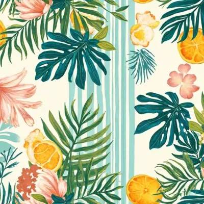 Geometric Floral Accent Textile Pattern – Leaves, Citrus Motifs, Stripes
