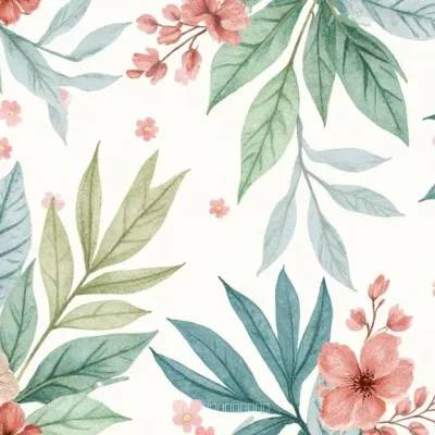 Geometric Pattern with Floral Accents: Leaves & Outlined Flowers Textile Design