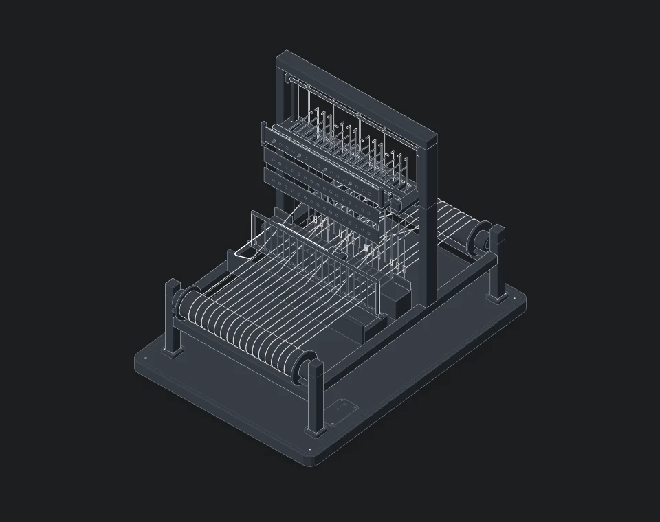 Isometric Jacquard loom with punched cards, hooks, warp threads and a cloth beam